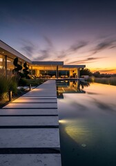 Modern luxury house reflecting sunset colors on swimming pool's surface