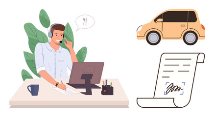 Support agent communicating via headset, car icon illustrating vehicle, document with signature. Ideal for customer service, loans, car purchase, communication, tech support, finance simple flat
