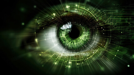 Green futuristic eye in modern technologies. Automation of generation and training of artificial intelligence technology machines, AI.