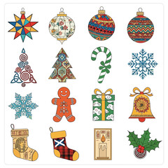 Collection of colorful hand-drawn Christmas holiday decorations and festive ornaments in a grid.