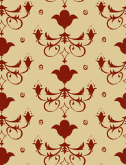 Seamless pattern with burgundy stylized flowers and leaves, reminiscent of ancient Russian painting, for printing on clothes, textiles, websites, presentations.