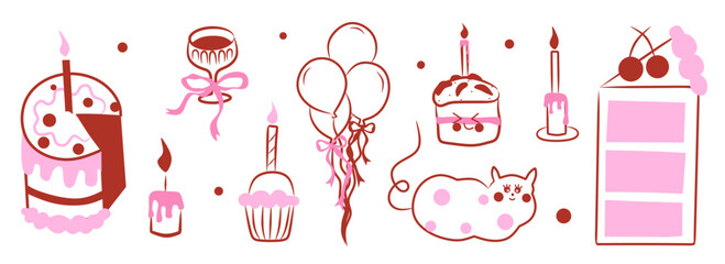 Set of whimsical hand-drawn birthday party food and ribbon illustration in trendy vintage style. Perfect for quirky wedding holiday, dinner and bar menu, bachelorette party, birthday invitation, sign.