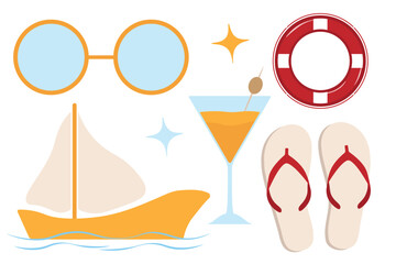 Sea weekend set with sailboat lifebuoy flip flops and cocktail for yacht club posters and beach bars