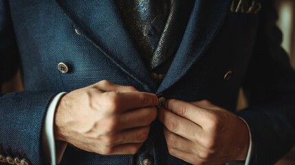 Gentleman adjusting elegant suit buttons in a refined setting before an important event or meeting