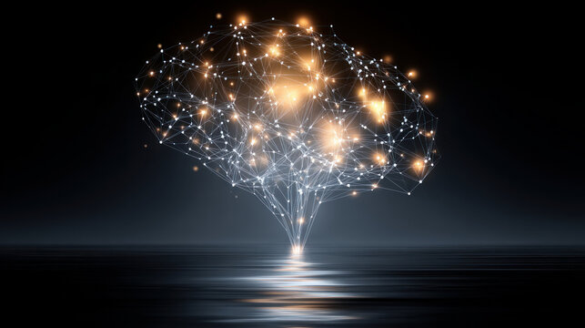 Glowing brain made of data lines representing artificial consciousness. Automation of generation and training of artificial intelligence technology machines, AI.