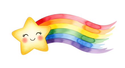 A cute yellow star with a smiling face and a colorful rainbow tail on a black background art design