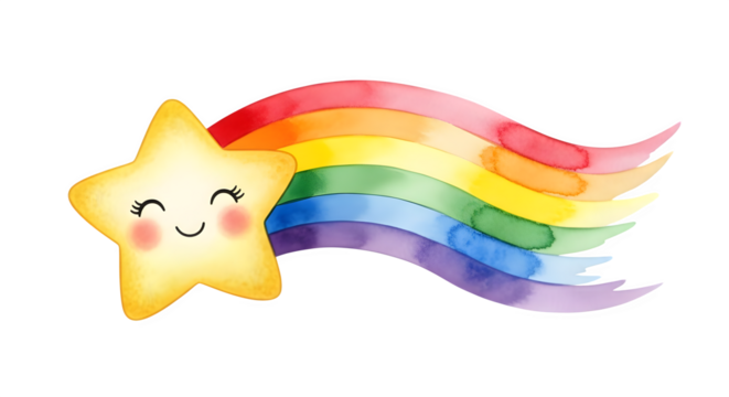 A cute yellow star with a smiling face and a colorful rainbow tail on a black background art design