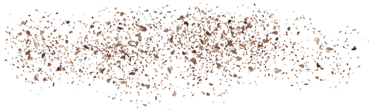 Overhead view of a pile of brown cookie crumbs white tabletop. Bright yellow cookie pieces or crunchy bits on the countertop. Scattered broken crushed nuts. Vector illustration.
