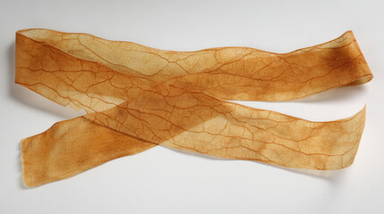 Aged Yellowed Tape, A piece of old, yellowed, and slightly cracked clear tape, stuck to a surface for years, isolated on a seamless off-white background. 