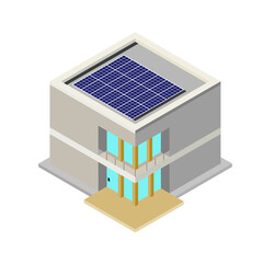 Private house isometric icon, Modern house building with  solar panels on its roof. Vector illustration isolated.