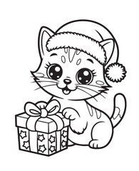  kids coloring pages,Cartoon cat wearing Santa hat is holding a Christmas gift with ribbon bow