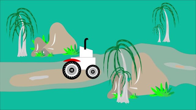 simple and cool natural wild life fild tractor on wild road animation video background motion video 4k