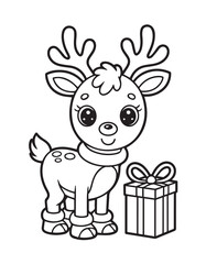 kids coloring pages,, Charming reindeer smiles by a beautifully wrapped present, creating a delightful outline against the transparent background