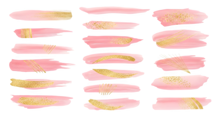 Collection of pink and gold brush strokes on a black background for graphic design elements and decoration