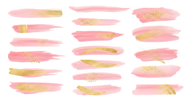 Collection of pink and gold brush strokes on a black background for graphic design elements and decoration