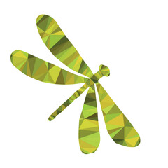 Modern polygonal dragonfly vector graphic art featuring abstract geometric shapes in vibrant green tones, a unique natural concept
