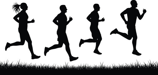 Silhouette runners, outdoor jogging, fitness training, marathon athletes, running motion, healthy lifestyle, sports activity, exercise outdoors, athletic silhouettes, competitive race,