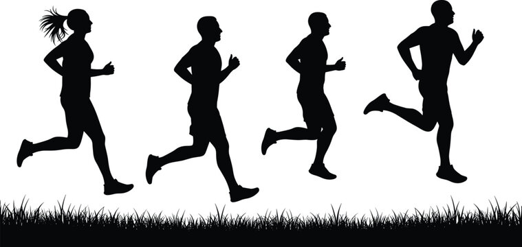 Silhouette runners, outdoor jogging, fitness training, marathon athletes, running motion, healthy lifestyle, sports activity, exercise outdoors, athletic silhouettes, competitive race,