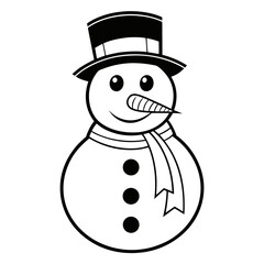 Simple black and white line art cartoon snowman wearing a top hat and scarf