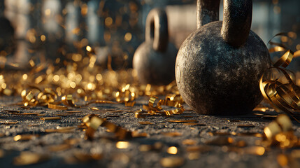 Kettlebell workout equipment surrounded by golden streamers and confetti celebrating fitness goals and achievements