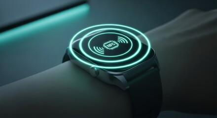 Smartwatch on a wrist displaying a glowing circular interface with wifi signal icon, symbolizing connectivity