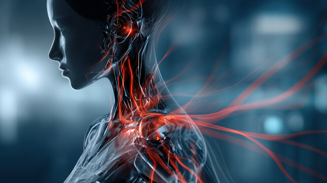 Cybernetic enhancements integrated with human anatomy. Automation of generation and training of artificial intelligence technology machines, AI.