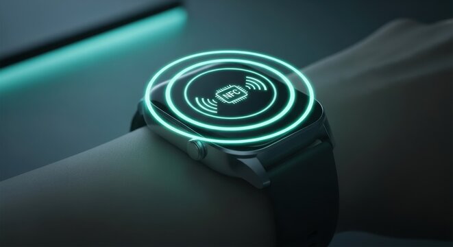 Smartwatch on a wrist displaying a glowing circular interface with wifi signal icon, symbolizing connectivity