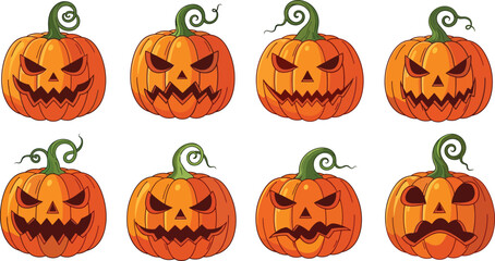 Set of angry cartoon Jack-o’-lantern pumpkins with scary faces, Halloween emotion collection, vector illustration for festive spooky design