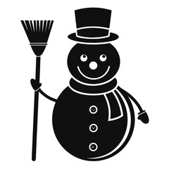 Smiling snowman with top hat and broom icon in silhouette style