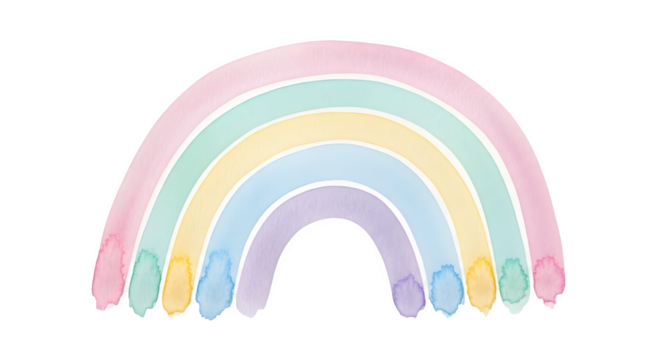 Watercolor pastel rainbow with pink green yellow blue and purple hues on a black isolated background