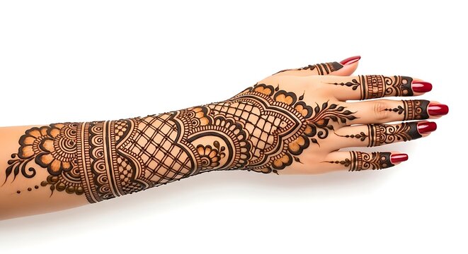 Elegant henna tattoo design on a womans arm isolated on white background