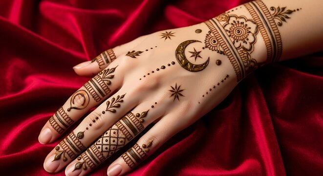 Closeup of a womans hand with henna tattoo on a red velvet background