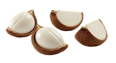 Closeup of fresh macadamia nuts, some cut in half isolated on transparent background