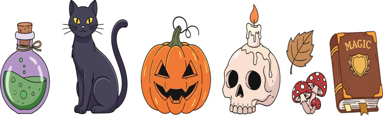 Fototapeta premium Halloween magic set cartoon icons, potion bottle black cat pumpkin spooky skull candle mushroom spell book vector illustration collection