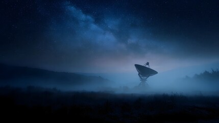 Fototapeta premium A satellite dish stands in a misty rural landscape under a starry night sky