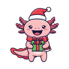 Cute Christmas Axolotl Wearing Santa Hat and Scarf Holding Gift Box Vector Illustration