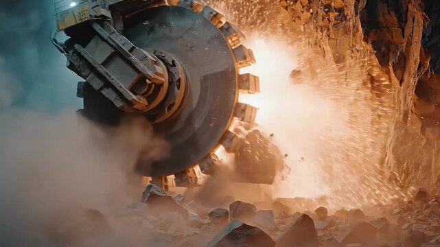 A powerful tunneling machine works in a rocky area, creating large explosions and sparks as it digs deep into the earth. Dust and debris fill the air while it reshapes the landscape.