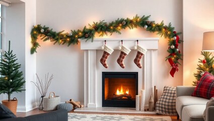 Warm Christmas fireplace with stockings and decorations
