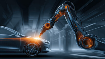 AI-controlled robotic arm assembling a futuristic vehicle. Automation of generation and training of artificial intelligence technology machines, AI.