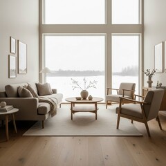 Fototapeta premium Bright and airy modern living room with large windows and a scenic view.