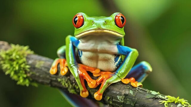 Red-Eyed Tree Frog on Mossy Branch in Caribbean Rainforest with Lush Foliage and Mist