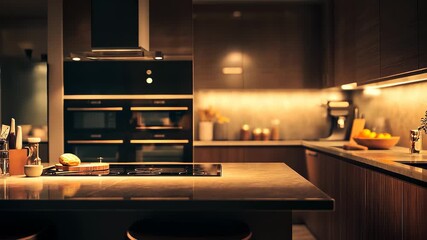 The kitchen features sleek cabinets and a modern countertop, providing an ideal space for cooking. The warm lighting creates a cozy kitchen atmosphere perfect for family gatherings