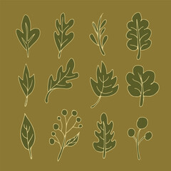 Collection of hand-drawn botanical leaves and berries, perfect for natural and organic design projects