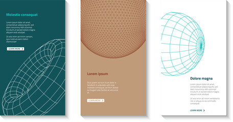 Set of Three Vertical Banners with Abstract 3D Wireframe Graphics for Mobile App or Website UI/UX Design and Marketing Promotion