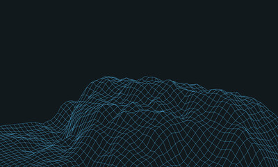 Blue Futuristic Wireframe Landscape or Digital Terrain Map on a Dark Background, Ideal for Technology, Big Data, and Virtual Reality Concepts