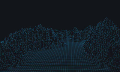 Blue Futuristic Wireframe Landscape or Digital Terrain Map on a Dark Background, Ideal for Technology, Big Data, and Virtual Reality Concepts