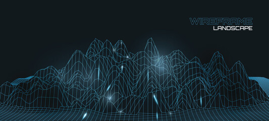 Sci-Fi Blue Wireframe Landscape with Glowing Peak Lights on a Dark Background