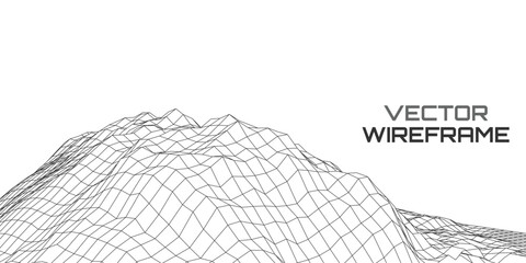 Minimalist Black and White Vector Wireframe Landscape, Ideal for Abstract Technology Backgrounds, Data Visualization, and Clean Design