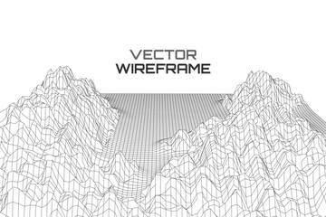 Minimalist Black and White Vector Wireframe Landscape, Ideal for Abstract Technology Backgrounds, Data Visualization, and Clean Design