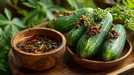 Close up papaya on the wooden dish with spicy salad , thai food style.